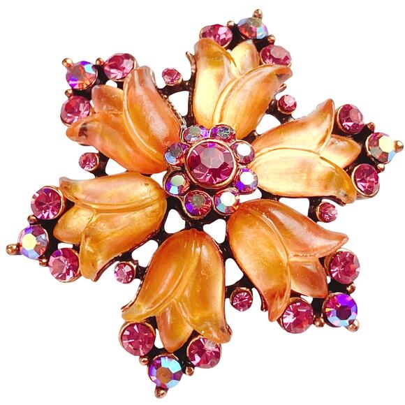 VTG 1950s Brooch Lucite Tulip Glass Rhinestones Floral Gold Tone Colorful Pin - Picture 1 of 9